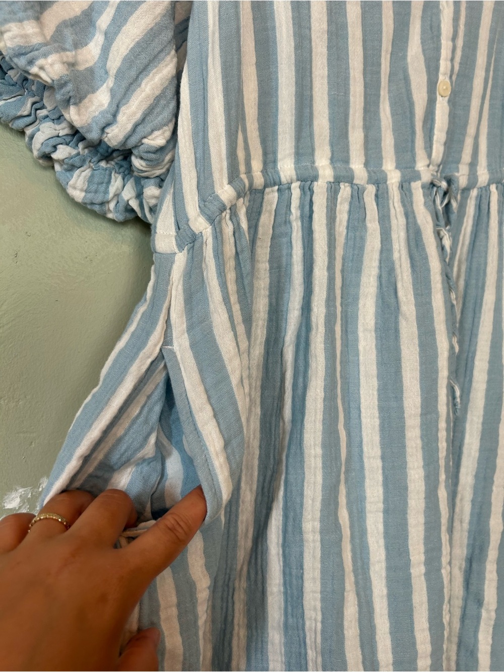 Blue & White Striped Puffed Sleeve Gauze Dress - Picture 5 of 7